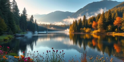 Naklejka premium Serene Autumn Lake Scene with Sailboats at Dawn, Mountain Reflections, and Wildflowers