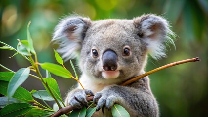 Fototapeta premium Adorable Koala Joey Clinging to Eucalyptus Branch in Lush Greenery