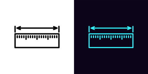 Outline ruler icon, with editable stroke. Measuring ruler with dimension arrow, length or width measure. Shoes or clothes size, measure scale, body parameter size, overall dimension. Vector icon