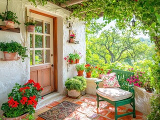 Fototapeta premium Charming outdoor terrace with vibrant flowers and greenery under a sunny sky.