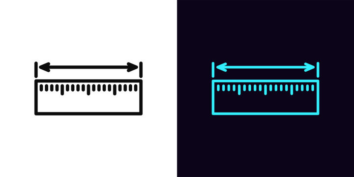 Outline ruler icon, with editable stroke. Measuring ruler with dimension arrow, length or width measure. Shoes or clothes size, measure scale, body parameter size, overall dimension. Vector icon