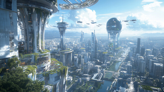 A futuristic megacity with flying cars, massive holographic displays, and vertical gardens on skyscrapers. People interact with artificial intelligence through smart glasses and neural interfaces. 