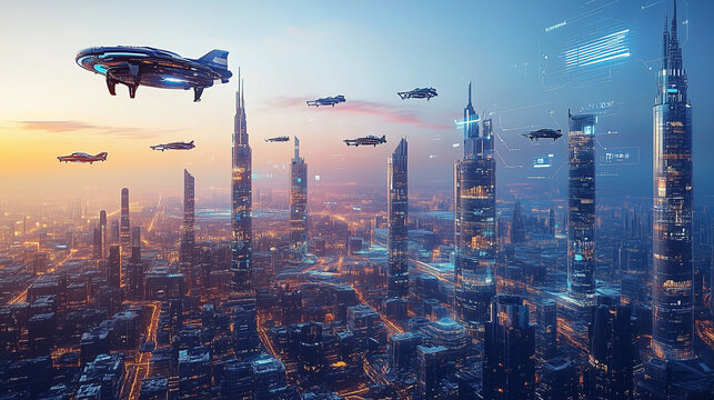 A futuristic megacity with flying cars, massive holographic displays, and vertical gardens on skyscrapers. People interact with artificial intelligence through smart glasses and neural interfaces. 