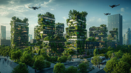Fototapeta premium A futuristic megacity with flying cars, massive holographic displays, and vertical gardens on skyscrapers. People interact with artificial intelligence through smart glasses and neural interfaces. 
