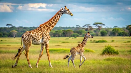 Obraz premium A graceful adult giraffe and its playful young calf stroll across a sunlit savannah, enjoying the tranquil beauty of the African wilderness.
