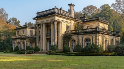 Obraz premium Majestic antique mansion with columns and arches, nestled in a lush landscape