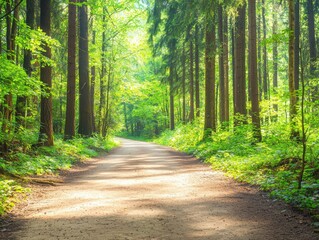 Fototapeta premium A serene forest pathway surrounded by lush greenery and tall trees.