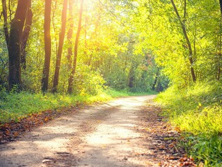 Fototapeta premium Serene forest path illuminated by golden sunlight through lush green trees.