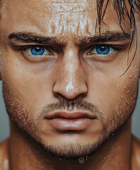 close up portrait of a young handsome man with a masculine look , fine jawline and blue eyes, sweat on his face tired facial expressions