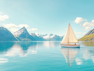 A serene sailboat glides across calm, turquoise waters surrounded by majestic mountains.