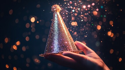 A hand holds a sparkly gold party hat against a bokeh background.