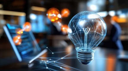 Fototapeta premium Innovative technology showcase lightbulb concept modern office digital display futuristic environment close-up view creativity exploration