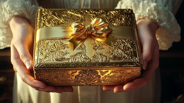 An ornate golden box held delicately by hands a gesture of elegance and timeless tradition with a golden ribbon