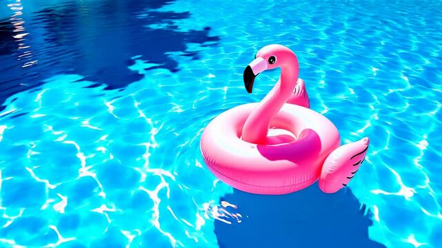 Pink flamingo float in blue turquoise swimming pool. Summer relaxation and vacation concept. Summer family water activities. Tropical resort with palm tree. Travel vacation, holiday concept. 
