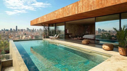 Fototapeta premium Rooftop infinity pool with city views. Luxurious modern home