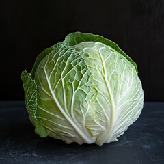 Fototapeta premium A fresh head of white cabbage displayed on a dark background