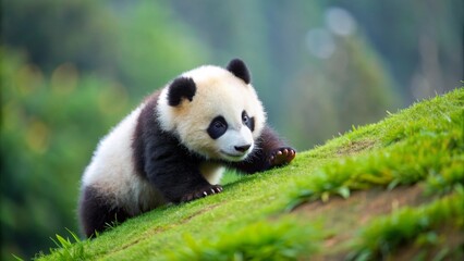Fototapeta premium A curious young panda cub explores a verdant hillside, its playful nature evident in its stance