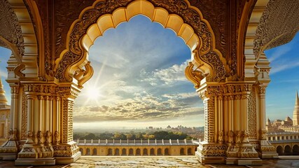 Majestic Temple Archway with Stunning Skyline Scenery and Golden Sunlight Reflections - Powered by Adobe