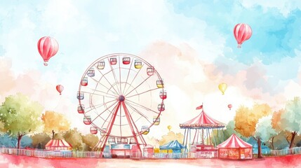 A whimsical watercolor scene of a fairground featuring a Ferris wheel, carousel, and colorful hot air balloons against a bright sky.