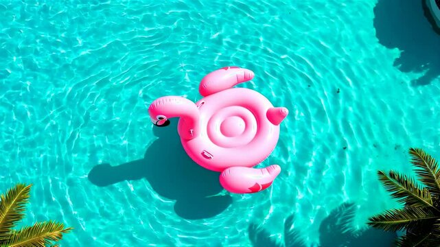 Pink flamingo float in blue turquoise swimming pool. Summer relaxation and vacation concept. Summer family water activities. Tropical resort with palm tree. Travel vacation, holiday concept. 