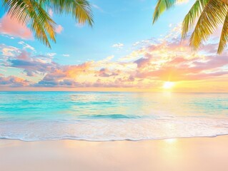 Obraz premium Serene beach sunset with palm trees and vibrant sky reflections on calm ocean waves.