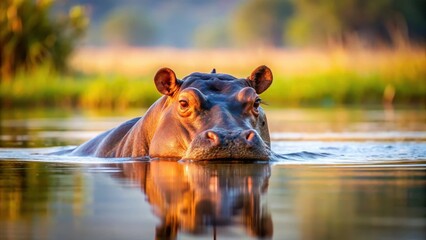 Fototapeta premium Hippopotamus floating on surface of calm lake, water, hippo, water, hippo, water scene