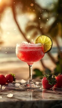 frozen strawberry margarita daquiri cocktail with sugar in a chilled glass at a bar on the beach