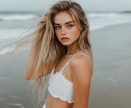 Closeup portrait of a beautiful young  blonde teen girl   on the beach  at sunset, touching hair 