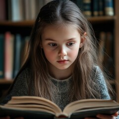 Diverse Age Portraits. Young Girl Reading a Book in a Library