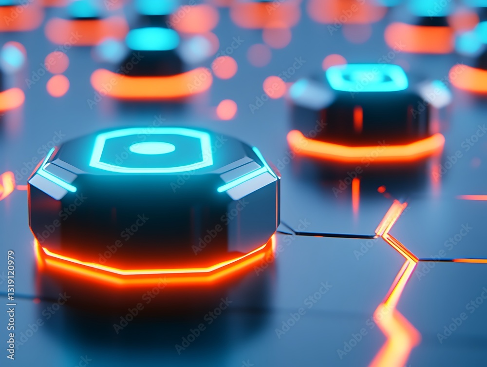 Poster abstract futuristic grid with glowing elements and octagon buttons