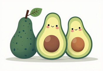 Sweet Avocado Clipart: Modern Geometric Style with Smiling Faces and a Muted Palette, Ideal for Baby Shower Invites, Nursery Decor, and Children's Crafts Projects.

