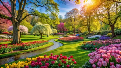 Obraz premium Serene Spring Morning in the Park with Vibrant Blooms and Lush Greenery