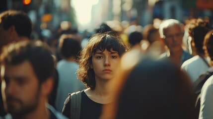 Crowded urban street scene with diverse faces representing various age groups and ethnicities, symbolizing demographic diversity and multiculturalism, with ample copy space for text or design elements