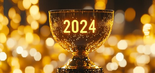 The concept of celebration is represented by a golden trophy commemorating achievement in 2024, accompanied by the numeral