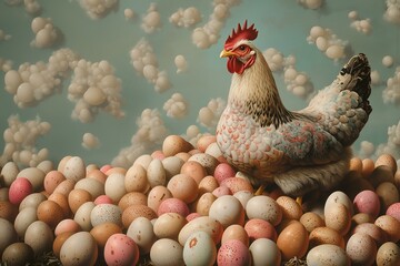 A motley hen interspersed with blue and pink feathers sits on a large pile of variegated eggs - brown, pink, bluish, olive.