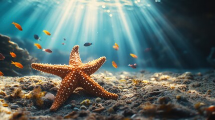 A beautiful shot of a starfish on the ocean floor, with bright fish moving around it, all bathed in soft sunlight from above