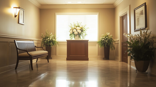 A modern funeral home interior with soft lighting, elegant floral arrangements, and a peaceful ambiance