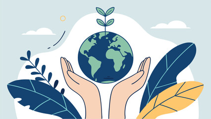 Sustainable Earth Concept with Hands Holding the Planet and Growing Plant – Environmental Protection, Ecology, and Nature Conservation Illustration
