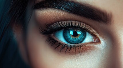 Obraz premium Close-up of a woman's vibrant blue eye with long lashes and defined eyebrow.