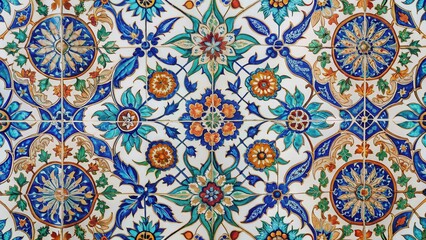 Intricate floral patterns on traditional Turkish ceramic tiles with golden accents and soft pastel colors , cultural heritage, geometric design