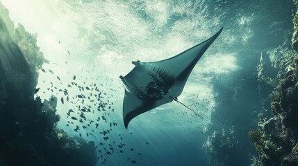 A giant manta ray soaring gracefully through the ocean, surrounded by a cloud of small fish
