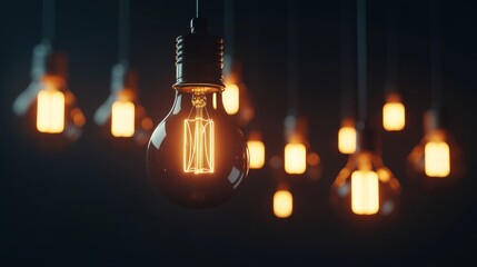A dark room with a single glowing bulb casting warm light amidst unlit bulbs in a moody setting