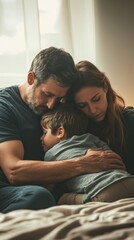 Parents comforting child after nightmare with warmth, security, and deep parental love