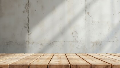 A beautifully crafted wood table top sits elegantly against a raw, bare concrete grey wall background, creating a harmonious and modern aesthetic in the space
