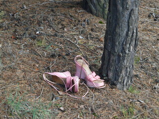 Pink women's shoes left in the forest. Sandals
