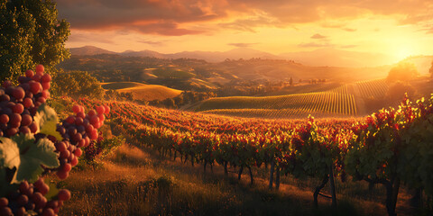 Scenic Vineyard Bathed in Golden Sunset Light for Wine Country Aesthetics, Nature Photography, or Rural Charm