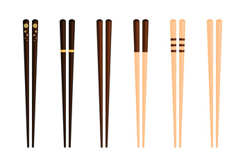 Set of wood and bamboo chopsticks (hashi). Asian, Chinese, Japanese, Korean, Taiwanese, Tibetan, Vietnamese eating utensils, tableware concept. Flat vector illustration isolated on white background