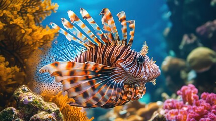 A majestic lionfish spreading its elegant fins as it hovers over a colorful coral reef, displaying its intricate patterns