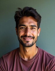 Obraz premium A Brazilian man with dark hair and a friendly expression engages the viewer with his captivating smile. The simple backdrop enhances his warm presence, creating a welcoming vibe