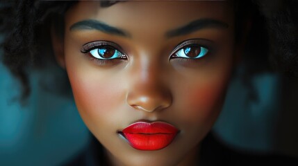 A close-up of a young woman with curly hair, staring directly at the camera.